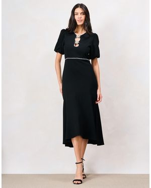 Hope & Ivy The Sutton Puff Sleeve Midi Dress With Dimond Trim Detailing - Black