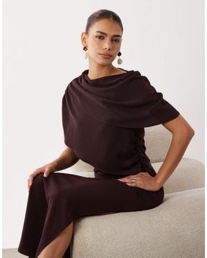 ASOS Fallen Shoulder Slinky Midi Dress - Brown