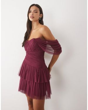 LACE & BEADS Tulle Fallen Shoulder Shirred Waist Tiered Skirt Mini Dress