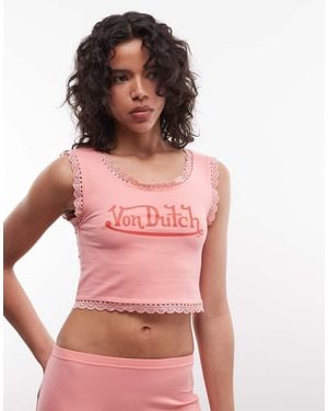 Von Dutch Strappy Vest Top With Lace Edging - Pink