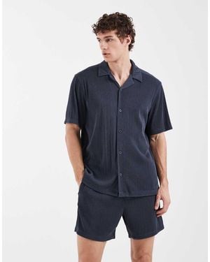 ASOS Co-ord Regular Fit Revere Plisse Shirt - Blue