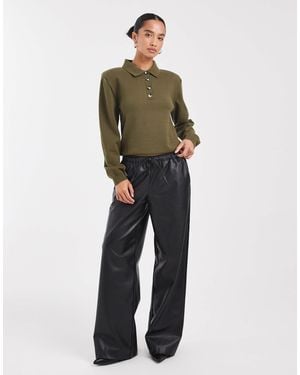 Vero Moda Tie Waist Wide Leg Faux Leather Trouser - Green