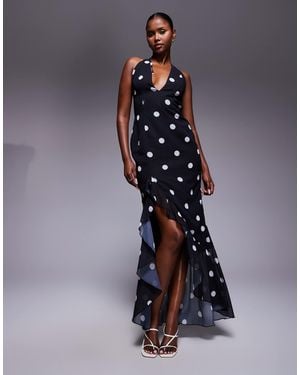 Murci Exclusive Halterneck Deep Plunge Ruffle High Low Hem Maxi Dress - Blue