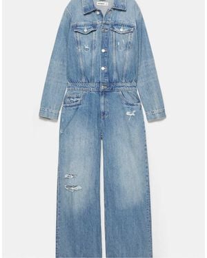 Pull&Bear Long Ripped Denim Jumpsuit - Blue