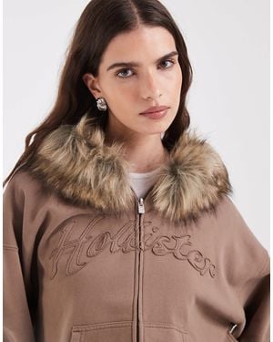 Hollister Logo-grafik zip-through-hoodie mit kunstpelzbesatz - Braun