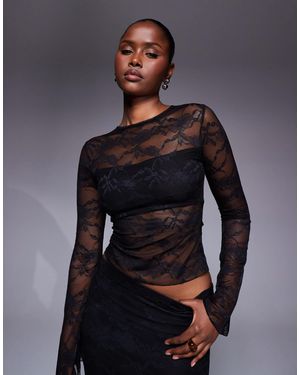 Kaiia Exclusive Slinky Lace Neck Long Sleeve Crop Top Co-ord - Blue