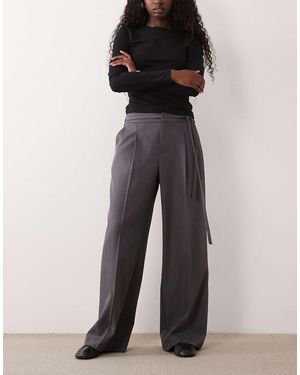 Gina Tricot Mid Waist Tailored Belted Trousers - Grey