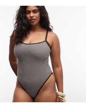 Collusion Plus Seersucker Straight Neck Swimsuit - Brown