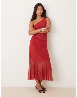 House Of Sunny Assymetric Ruffle Polka Dot Midi Dress - Red