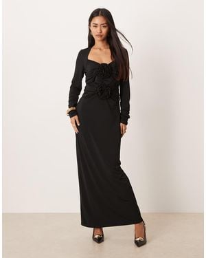 Y.A.S Long Ruched Sleeve Slinky Maxi Dress With Rosette Bodice - Black