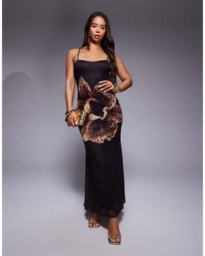 ASOS Tie Front Cami Maxi Dress With Sash Detail And Placement Print - Blue