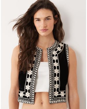 Miss Selfridge Embroidered Velvet Waistcoat - Black