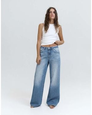 Pull&Bear Straight-Leg Baggy Jeans With Rhinestones - Blue