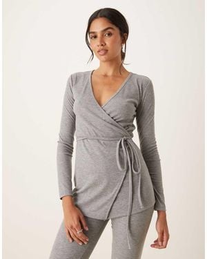 Mango Wrap Around Ribbed Knit Pyjama Top Co-ord - Grey