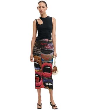 Desigual Falda Negra Con Estampado De Labios - Blanco