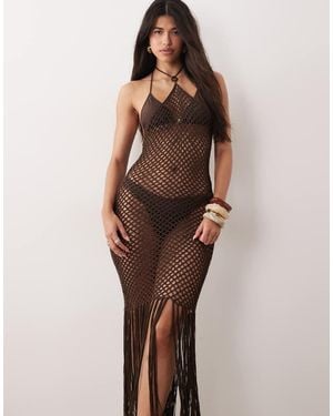 Kaiia Exclusive Premium Halterneck Crochet Tassel Hem Maxi Dress - Brown