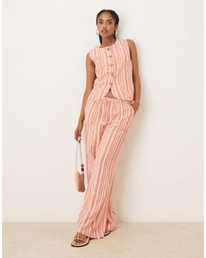 Threadbare Striped Braided Pocket Detail Linen Blend Wide Leg Trousers - Pink