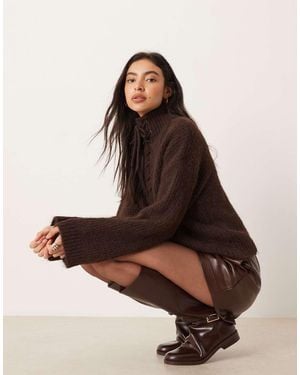 Vila Premium Chenielle Tie Detail Funnel Neck Jumper - Brown