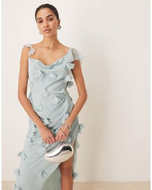ASOS 3d Flower Draped Ruffle Sleeve Midaxi Dress With Open Back - Blue