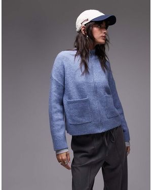 SELECTED Zip Thru Alpaca Blend Fluffy Cardigan With Pockets - Blue