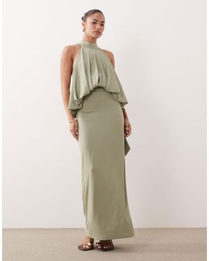 TFNC London Slinky High Neck Halter Detail Backless Maxi Dress - Natural