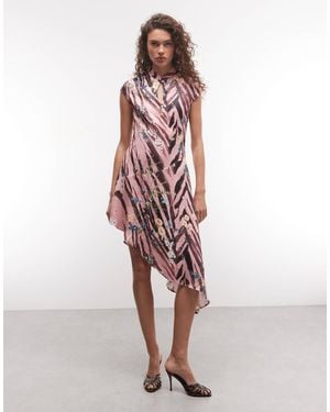 ASOS Satin-minikleid mit angeschnittenen ärmeln, schlüssellochausschnitt, asymmetrischem saum und pinkem zebra-print