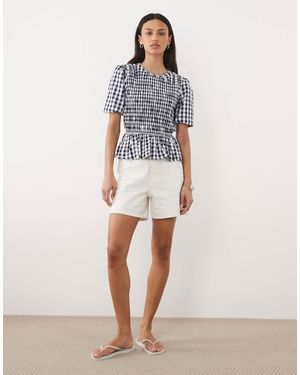 Threadbare Top texturé froncé à carreaux vichy et manches bouffantes - Blanc