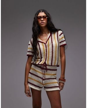 TOPSHOP Knitted Co-ord Open Stitch Stripe Shirt - Brown