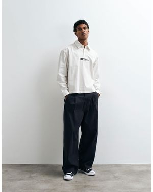 ASOS Boxy Oversized Poplin Stripe Polo Shirt With Embroidery - White