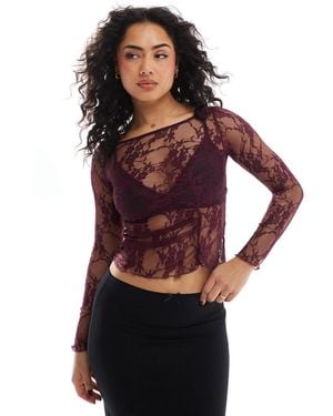 Pull&Bear Long Sleeve Lace Top With Asymmetic Seam Detail - Red
