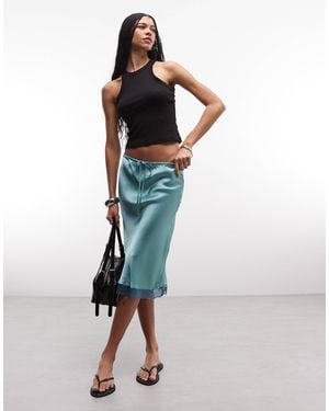 Reclaimed Vintage Awkward Length Satin Midi Skirt With Lace Trim - Blue