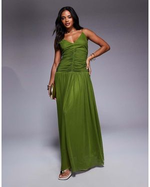 Aria Cove Chiffon V Neck Dropped Pleated Waist Maxi Dress - Green