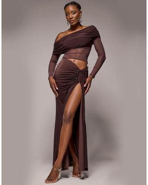 Goddiva Super Split Front Drawstring Maxi Skirt - Brown