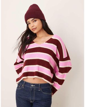 Miss Selfridge Burgundy Stripe V Neck Jumper - Red