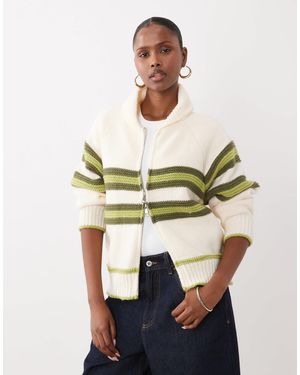 Kiwi & Co Cardigan zippé à rayures sur le devant en crème et vert - Neutre