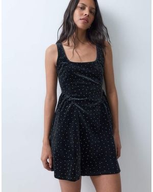 New Look Square Neck Velvet Hotfix Mini Dress - Blue