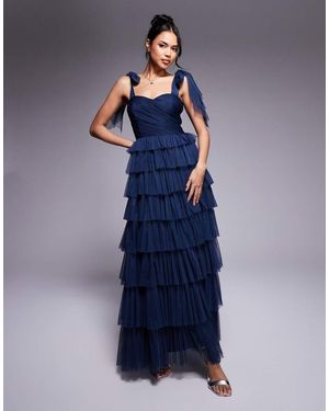 LACE & BEADS Bow Shoulder Ruffle Maxi Dress - Blue