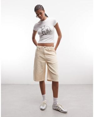 Liquor N Poker Denim Jorts With Back Pocket Embroidery - Natural