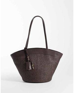 Mango Woven Shoulder Bag With Faux Leather Trim - Black