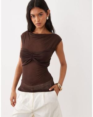 ASOS Soft Semi Sheer Cap Sleeve Top With Ruched Bust Overlay - Brown
