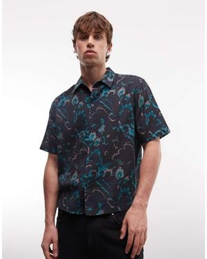 AllSaints Fortune Short Sleeve Linen Blend Printed Shirt - Blue