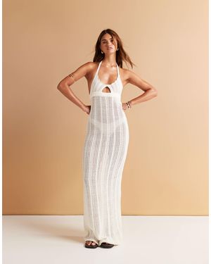 Aria Cove Crochet Knitted Halterneck Cut Out Maxi Beach Dress - Natural