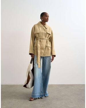 TOPSHOP 4 Pocket Cotton Shacket With Quilted Lining - Natural
