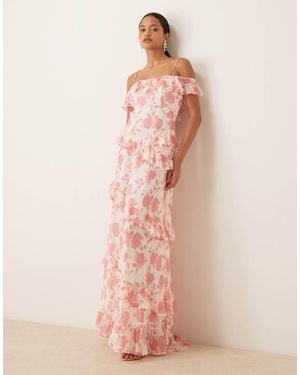 True Decadence Cold Shoulder Asymmetric Ruffle Hi-Low Dress - Pink
