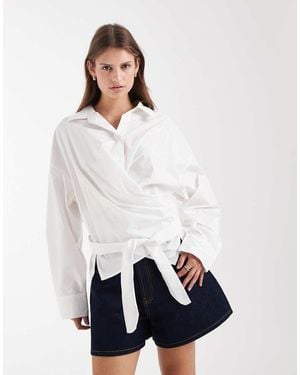 & Other Stories Cotton Rich Front Tie Ruched Wrap Shirt - White