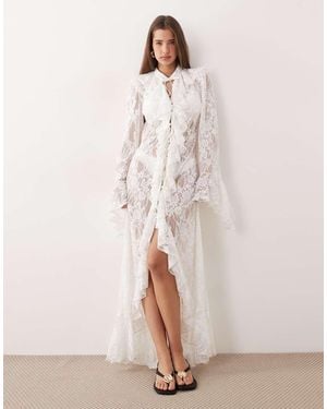 Noughts & Kisses Lace Ruffle Trim Bell Sleeve Maxi Kimono - Natural