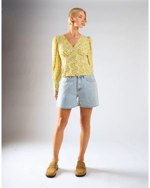 Glamorous V-Neck Button Front Blouse - Blue