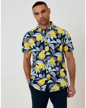 Threadbare Lemon Print Cotton Short Sleeve Shirt - Blue