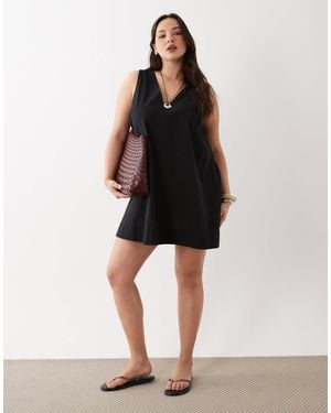 ASOS Asos Design Curve Cotton Linen V Neck Smock Mini Dress - Black