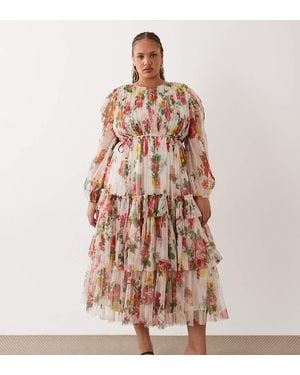 Lace & Beads Plus Tulle Sheer Balloon Sleeve Tiered Midaxi Dress - Natural